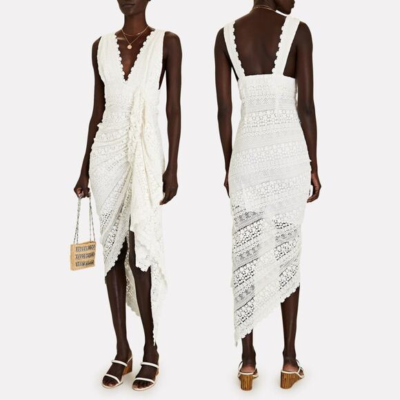 Just BEE Queen Tulum Ruched Crochet Lace Midi Dress Resort Boho Chic White Small - Picture 1 of 12